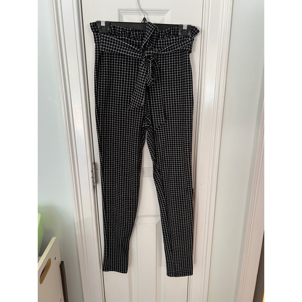 SHEIN Black White Grid Paperbag Waist Tie Tapered Pants Size 6 Medium